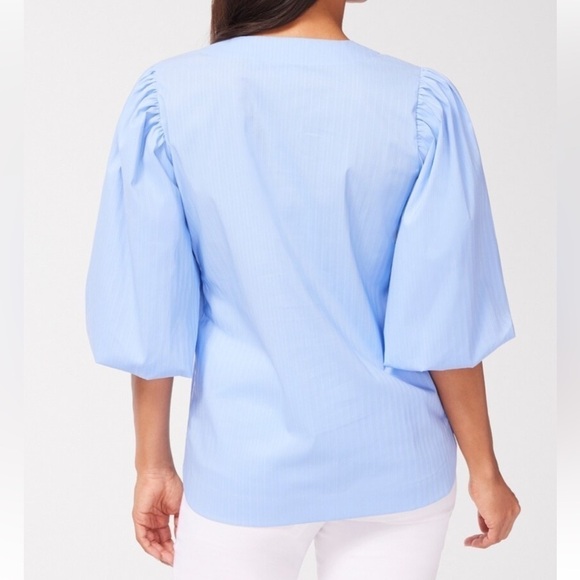 CHICO’S No Iron Stretch Blue Shadow Stripe Top Balloon Sleeves Size Medium NWT - Picture 9 of 9